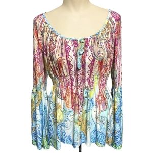 Boston Proper Rainbow Paisley Print Bell Sleeve Top EUC sz S